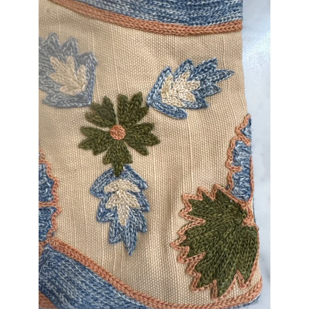 Pottery Barn Ikat Embroidered Lumbar Pillow Cover 14x22 Green Beige Floral Boho